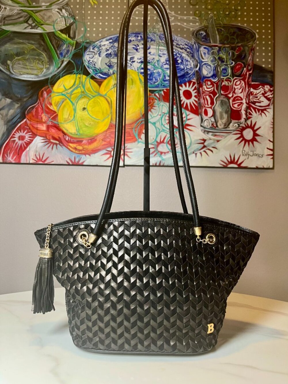 Bally Woven Leather Suede Vintage Black Tote Shoulder Bag